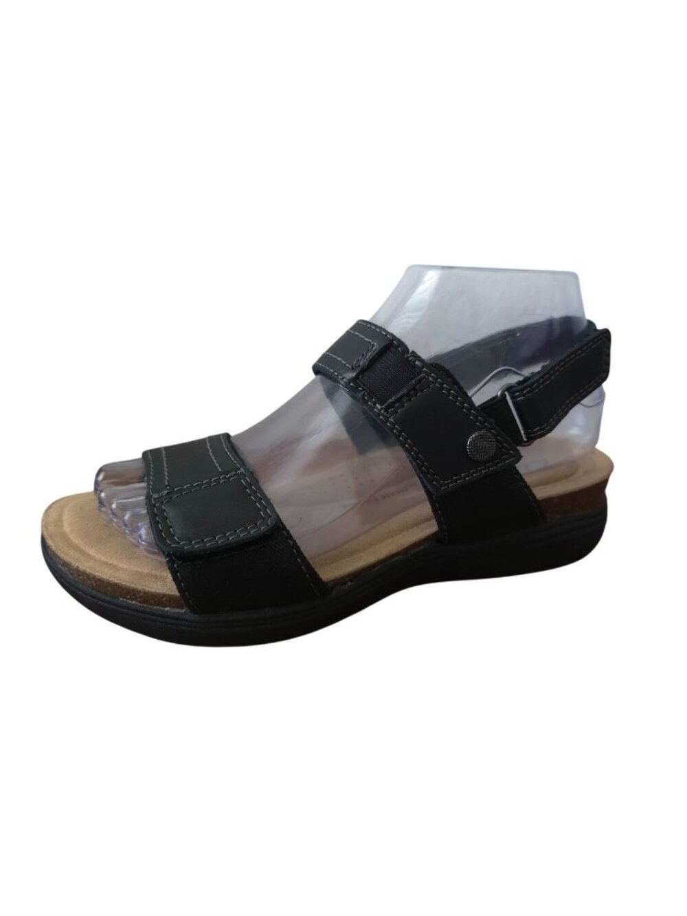 Clarks APRIL CLOVER Black Leather Adjustable Strap Sandals Womens Size 6.5M
